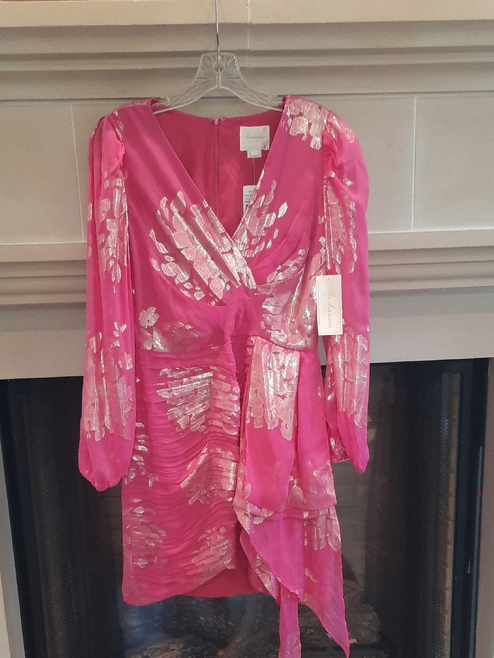 Shoshanna Stunning Pink Ruched Mini Dress with Gold Lame Print